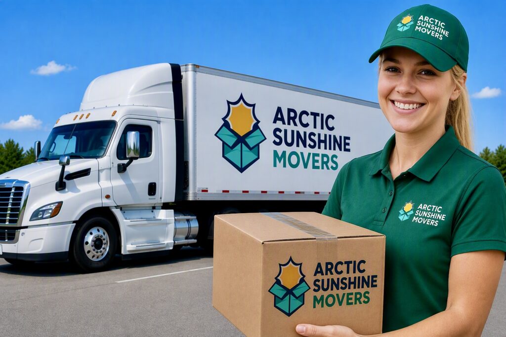 Arctic Sunshine Movers crew member with a box in front of a moving truck, ready for long distance moving in Fort McMurray