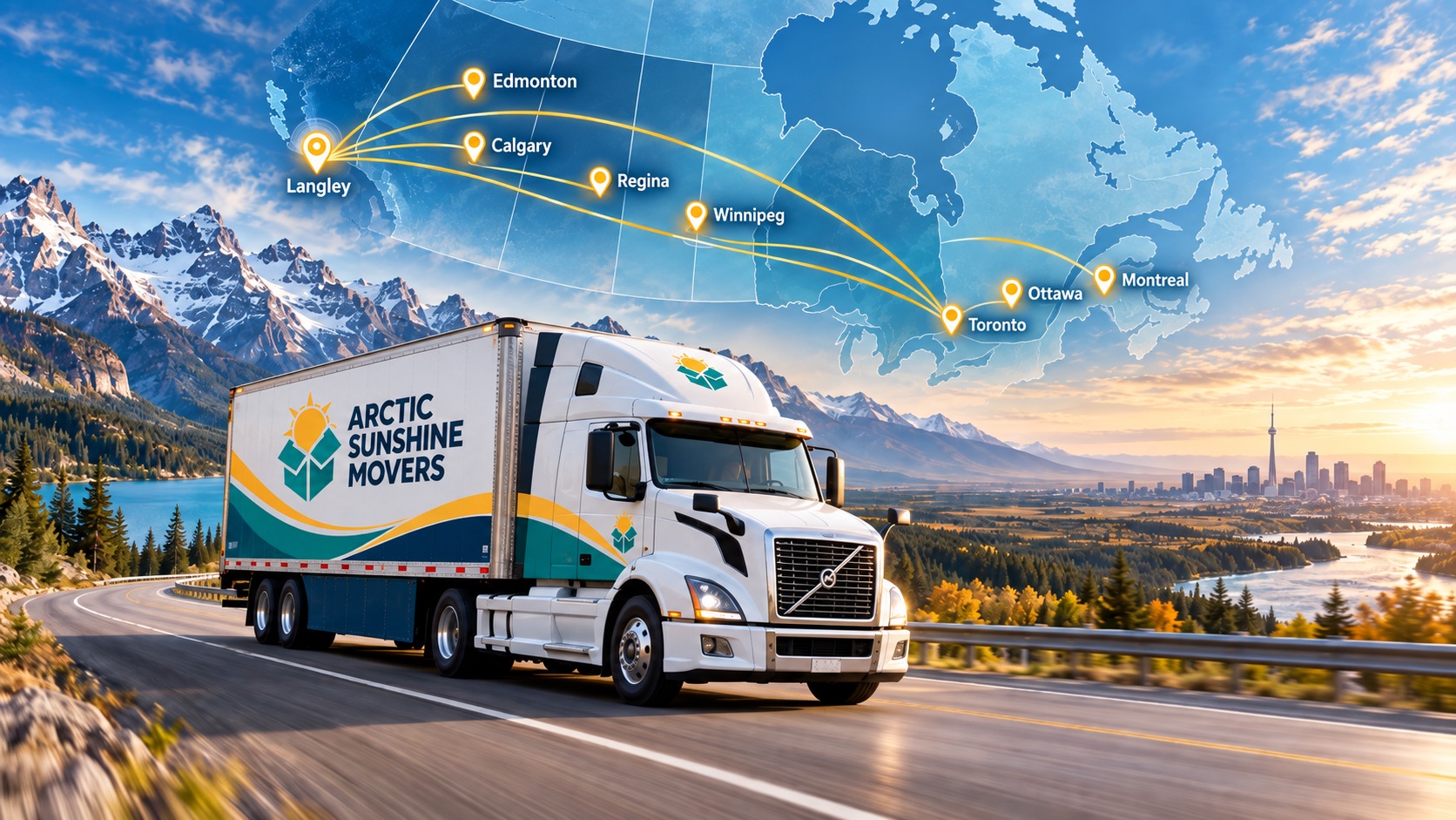 Langley moving company Arctic Sunshine Movers truck on a long-distance move from Langley to Calgary, Edmonton, Regina, Winnipeg, Toronto, Ottawa and Montreal