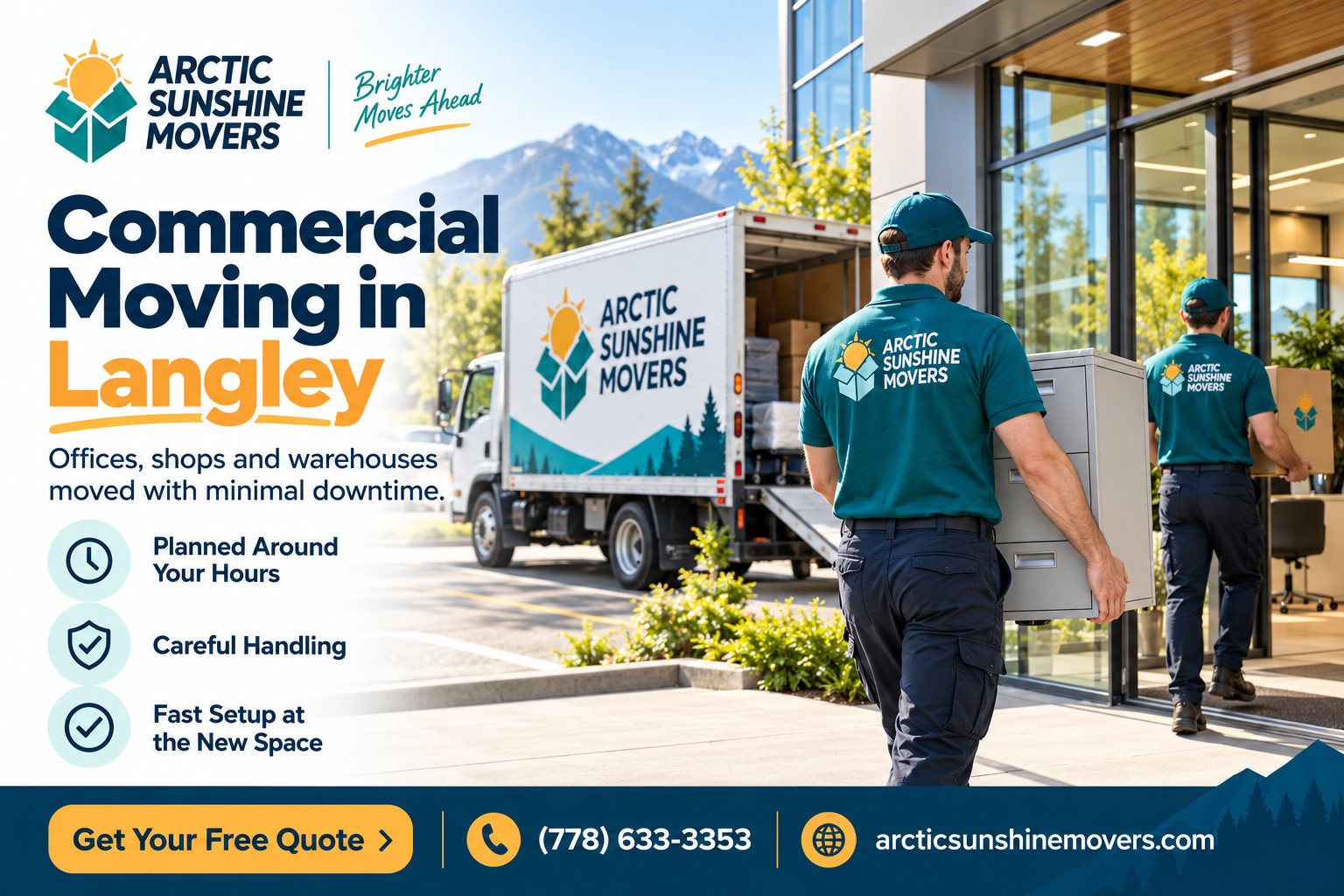 Commercial moving Langley with Arctic Sunshine Movers: movers carrying office filing cabinets from a moving truck