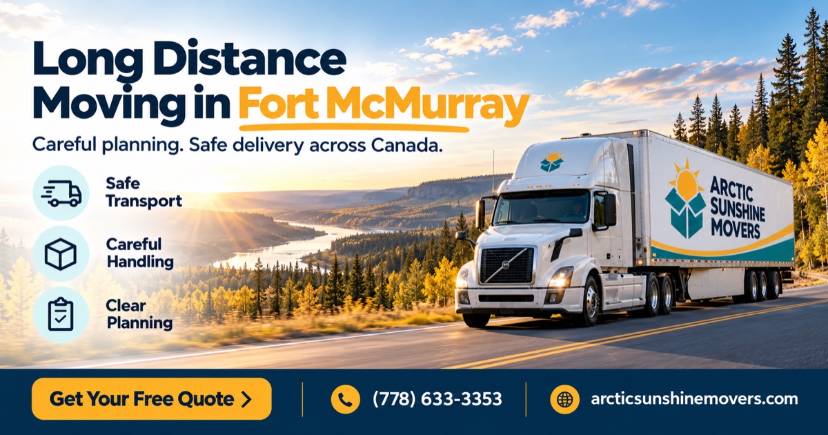 Long distance moving in Fort McMurray with Arctic Sunshine Movers: moving truck driving through northern Alberta forest