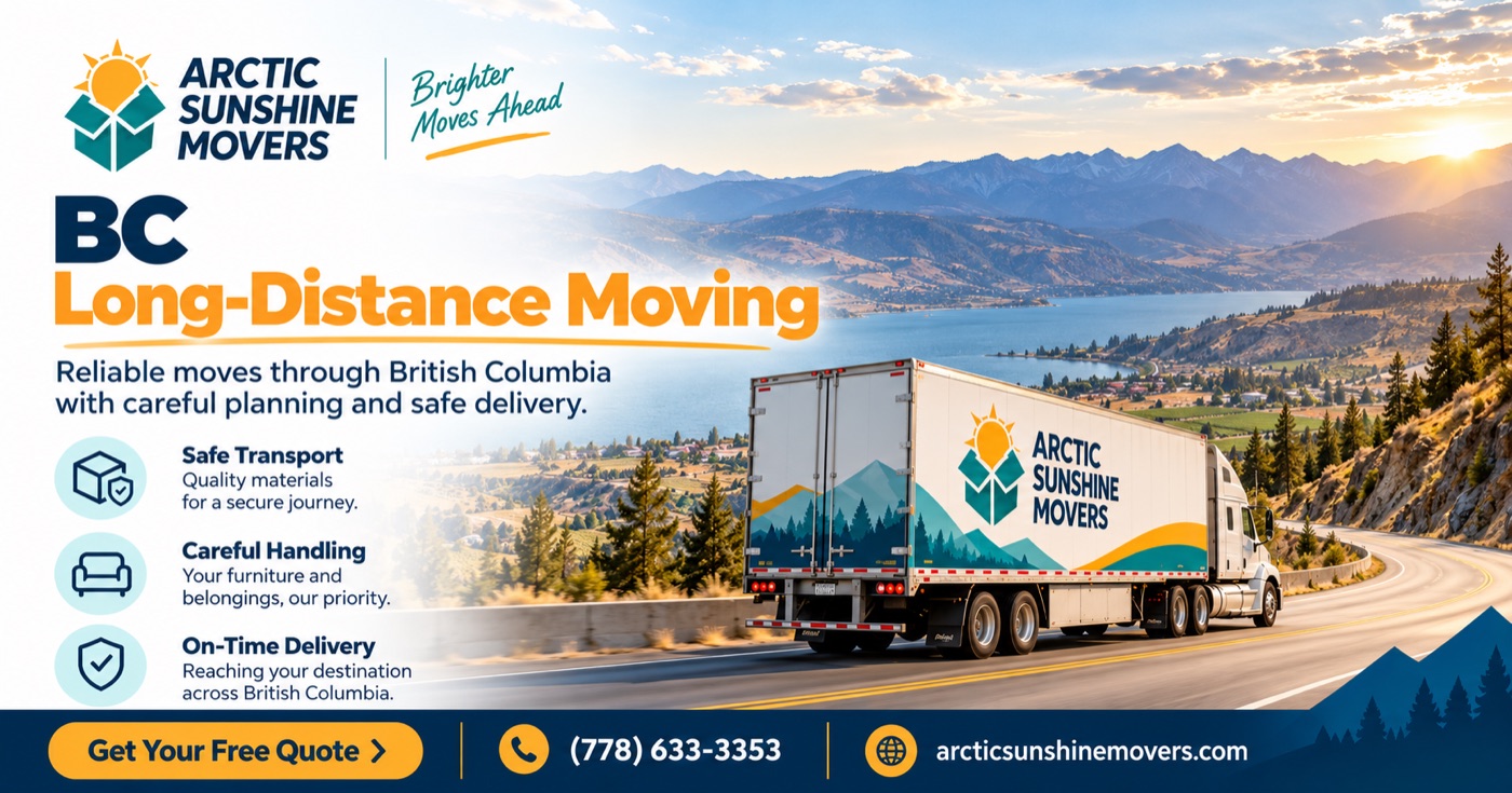 Long distance moving services BC - Arctic Sunshine Movers truck on a British Columbia highway