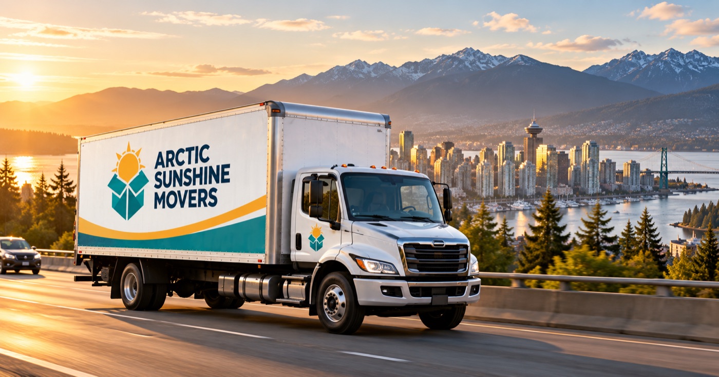 Lower Mainland long distance movers - Arctic Sunshine Movers truck driving near Vancouver at golden hour