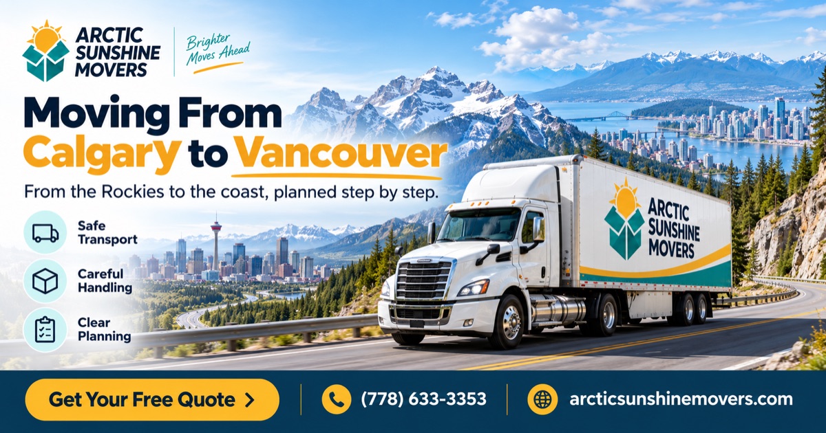 Moving from Calgary to Vancouver with Arctic Sunshine Movers: moving truck on a Rockies highway between the Calgary and Vancouver skylines