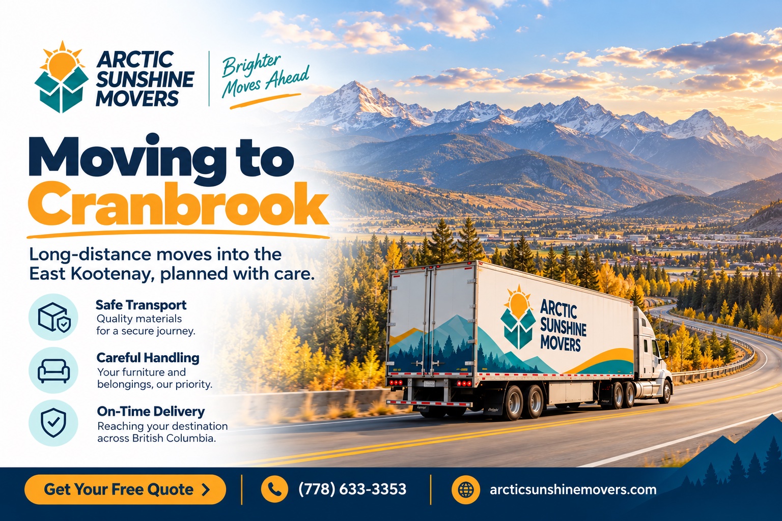 Moving to Cranbrook with Arctic Sunshine Movers: a moving truck on the highway in the East Kootenay
