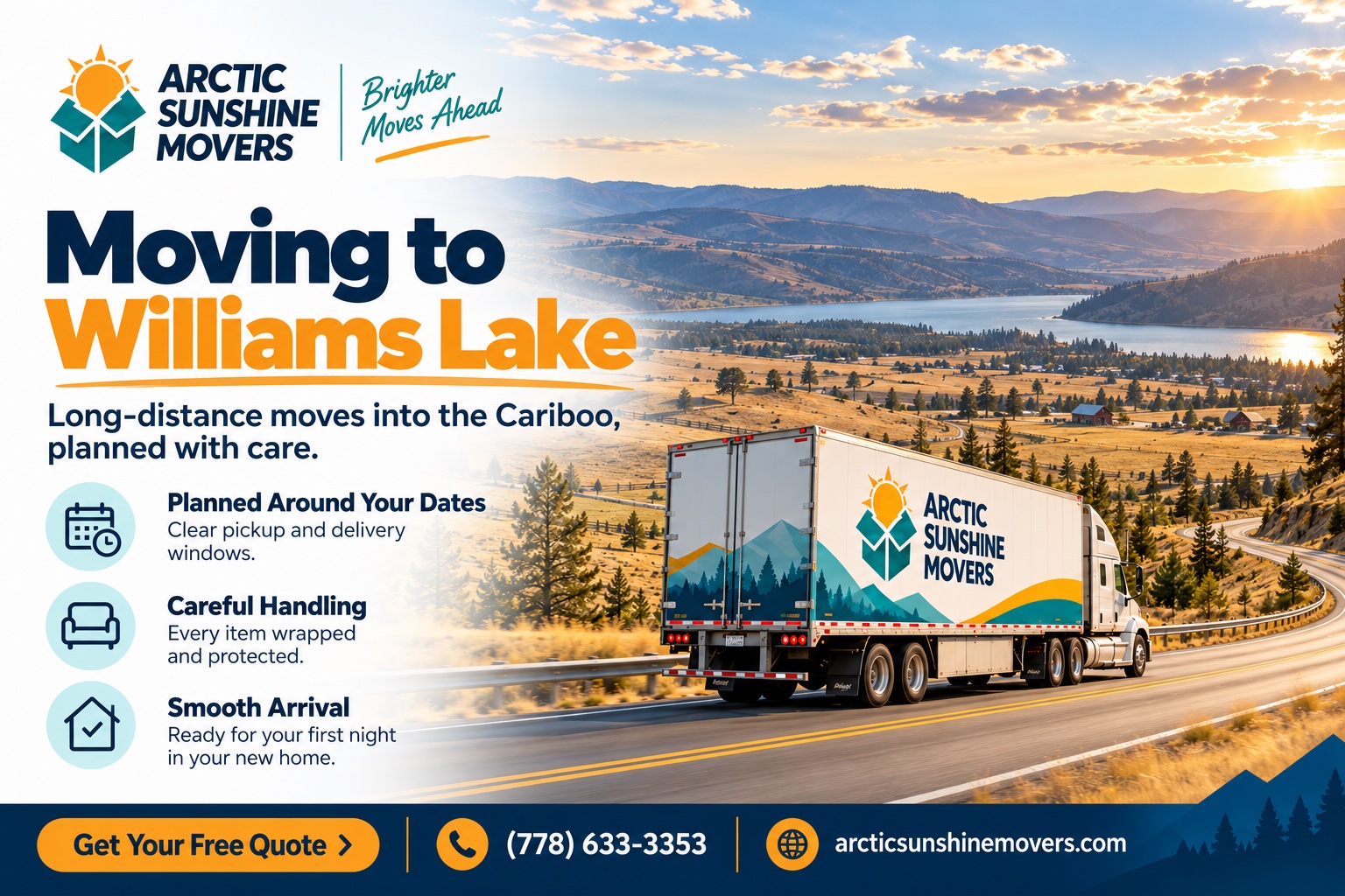 Moving to Williams Lake with Arctic Sunshine Movers: a moving truck on Highway 97 in the Cariboo